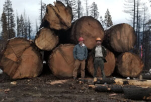 forest service employees stand in front of Slater Fire log deck